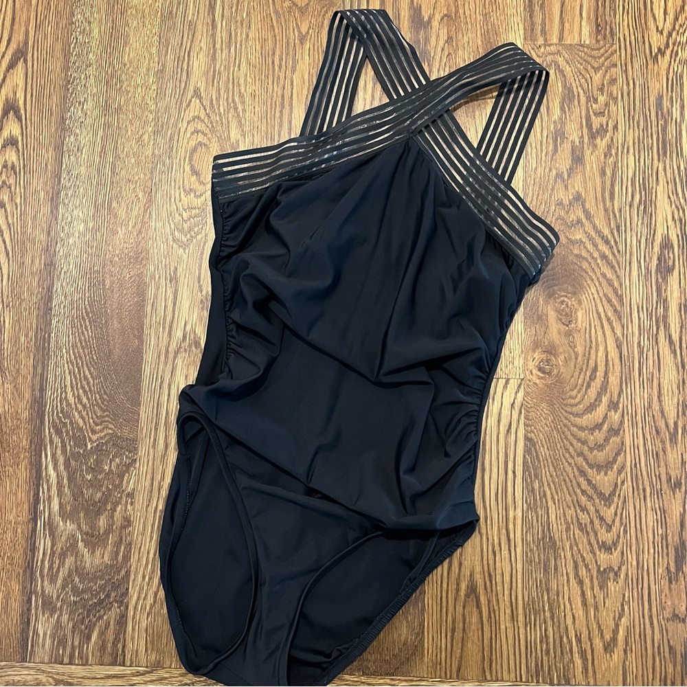 Women's Crossover Neck One Piece Swimsuit Black Size Large Aqua Green Brand